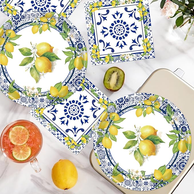 Rakuto Lemon Plates Napkins Decorations - 50 Pcs Blue Tiles Yellow Lemon Paper and Plates Party Decorations, Disposable Summer Fruit Set Supplies for Wedding Birthday Baby Shower Serves 25