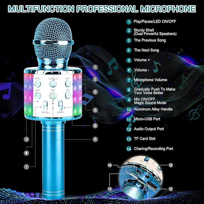 ShinePick Karaoke Microphone, 4 in 1 Wireless Microphone with LED Lights Handheld Portable Karaoke Machine, Home KTV Player, Compatible with Android & iOS Devices(Blue)