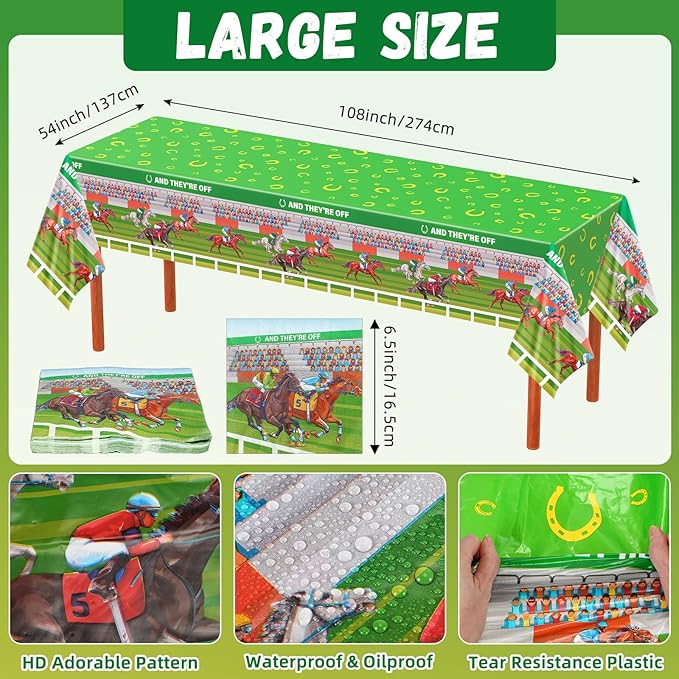49 Pcs Derby Party Supplies Horse Racing Party Disposable Tableware Set Including Paper Plates Napkins Tablecloth Derby Day Disposable Dinnerware for Horse Birthday Supplies Serve 16 Guests