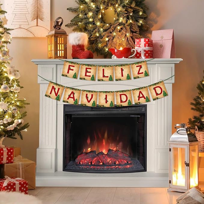 Feliz Navidad Banner Merry Christmas Banner Vintage New Year Garlands Sign for Feliz Navidad Christmas Decorations Mexican Spanish Holiday Decor Home Office Party Fireplace Mantle Decor