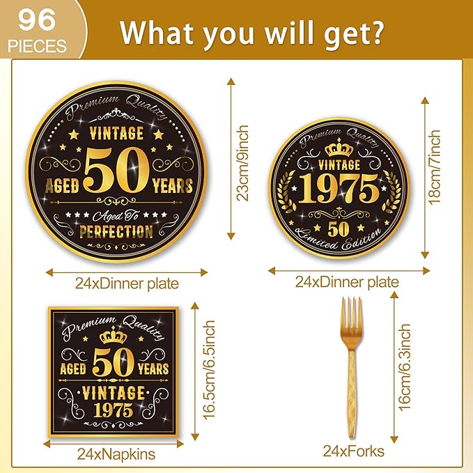 96PCS 50th Birthday Plates and Napkins Party Supplies 50th Birthday Decorations for Men 5oth Anniversary Decorations Vintage 1975 Party Tableware Sets Serve 24 Guests