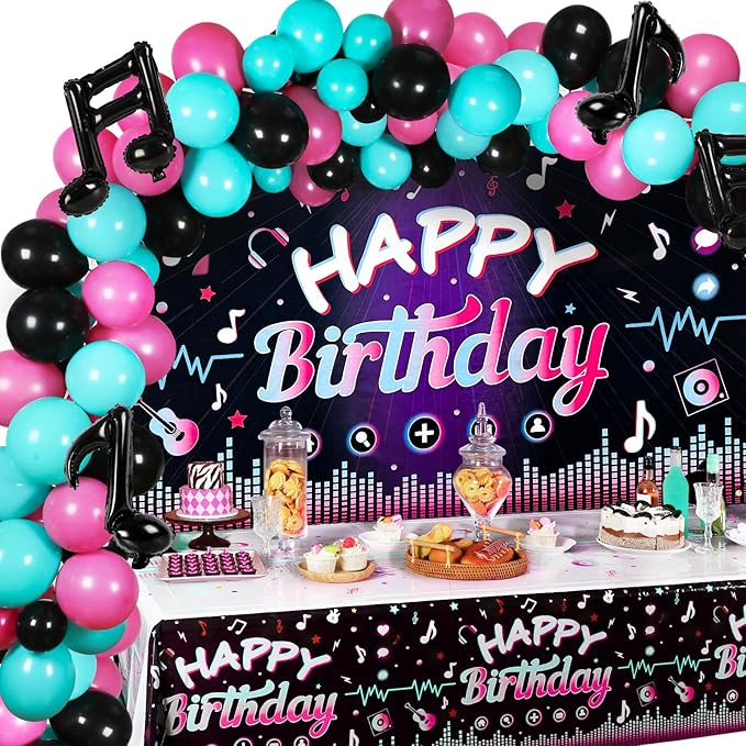 OurWarm 130 Pcs Tik Tok Birthday Party Decorations, Music Happy Birthday Decorations, Tiktok Party Theme Party Supplies Includes Happy Birthday Banner, Balloons Arch, Tablecloth for Birthday Decor