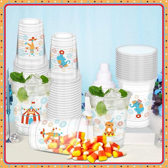 50Pcs Circus Cups, 12oz Circus Carnival Plastic Cups for Carnival Themed Party Favors Baby Shower Birthday Party Supplies Decorations