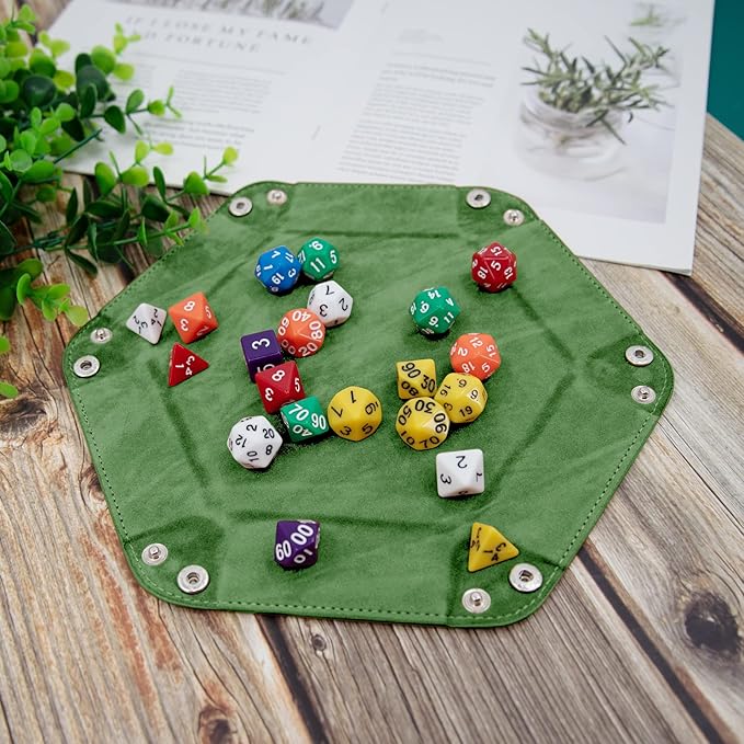 SIQUK 2 Pieces Dice Tray PU Leather Dice Trays Portable Folding Hexagon Dice Roller Tray for Dice Games Like RPG, DND and Other Table Games (Green, Camel)