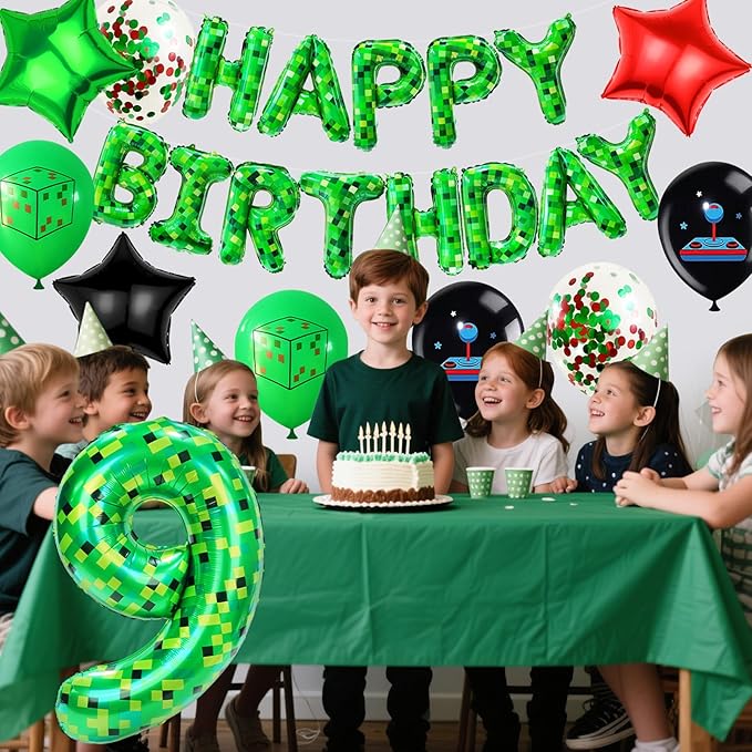 40in Pixel Number 9 Balloon Birthday Decorations, Miner Theme Foil Balloons banner Blast Gaming Party Supplies