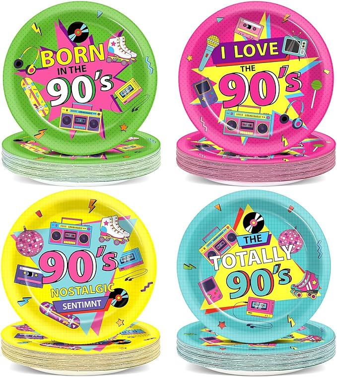 CHUNNIN 48Pcs 90's Party Plates Back to The 90s Party Decorations 1990s Theme Paper Dessert Plates Retro Birthday Supplies 7" 1990's Music Decorations for Kids Birthday Baby Shower Favor