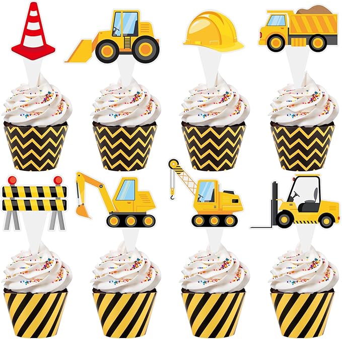 48 Pack Construction Cupcake Toppers and Wrappers, Construction Vehicles Party Cake Decoration for Engineering Theme Birthday Party Baby Shower Supplies