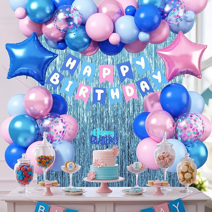 Pink and Blue Birthday Decorations, Royal Light Blue Pink Metallic Purple Confetti Latex Foil Balloons Happy Birthday Banner Fringe Curtain for Boys Girls Wedding Baby Shower Party Decoration Supplies