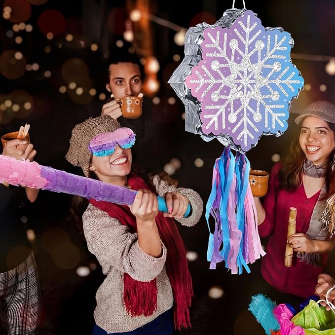 Snowflake Piñata Snowflake Birthday Decorations Wonderland Birthday Party Supplies Piñata with Blindfold Stick for Princess Party Supplies Decorations