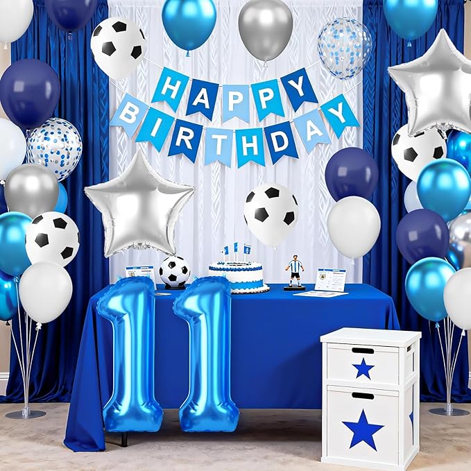 Soccer Birthday Party Decoration for Boys, 11th Soccer Party Decorations with Navy Blue White Silver Balloons 'HAPPY BIRTHDAY' Banner 32in Foil 11 Balloon for Boy Kids Birthday Baby Shower Decor