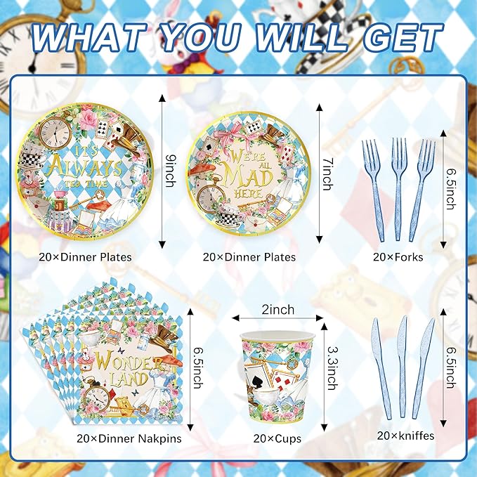 120PCS Wonderland Themed Party Supplies for Girls Kids Birthday Party Decorations Tea Party Tableware Set Plates Napkin Cups Set for 20 Guests