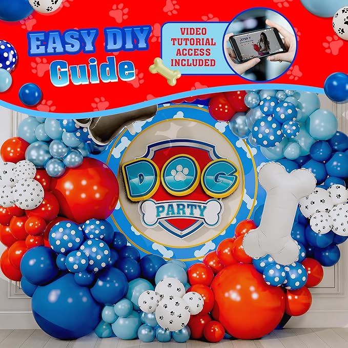 ALL-IN-1 Paw Balloon Arch & Garland Kit with BONUS Dog Bone – Small and Large Red, Dark Blue Paw Balloons – Paw Birthday Party Decorations & Supplies – Boy