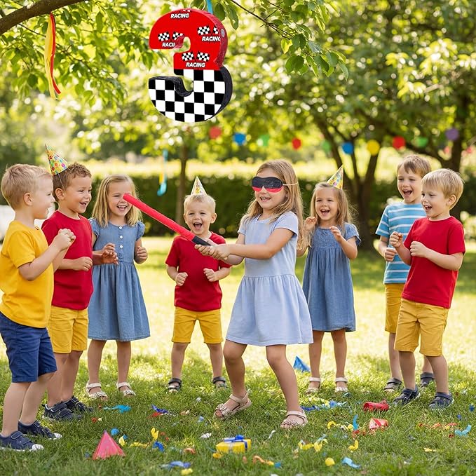 Red 3 Race Car Piñata Pull String Cars Piñatas for Birthday Party Decorations Number 2 3 4 5 6 with Blindfold Stick Small Red Black Racing Theme 2nd 3rd 4th 5th 6th Party Supplies