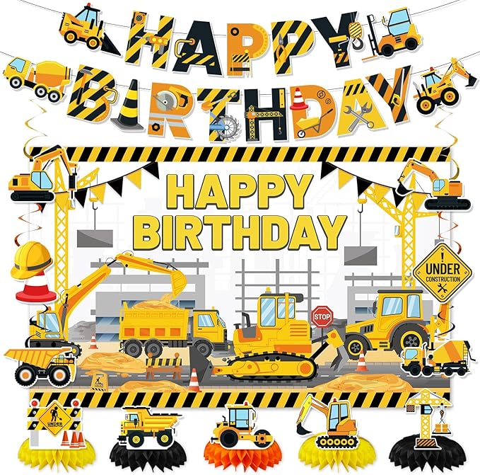 Construction Birthday Party Supplies & Decorations Kit with Excavator Banner, Backdrop, Hanging Swirls, Honeycomb Centerpieces for Kids Boys
