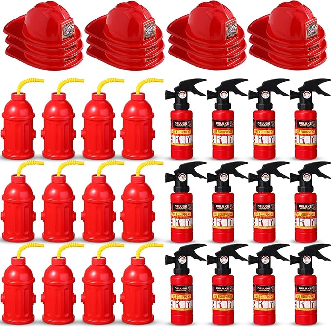 Liliful 36 Pcs Fireman Birthday Party Supplies Including 12 Firefighter Helmet 12 Fire Hydrant Cups with Lids 12 Fire Extinguisher Squirt Toys for Fire Theme Party Supplies
