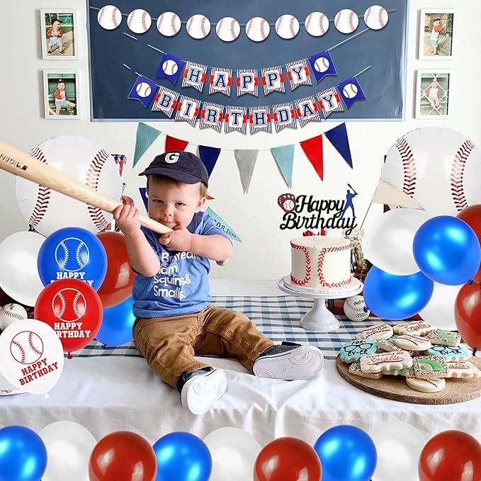 53 PCS Baseball Party Decorations Baseball Party Supplies Including Happy Birthday Banner Balloons and Baseball cake toppers for Sports Theme Birthday Party and Baseball Theme Party Decor