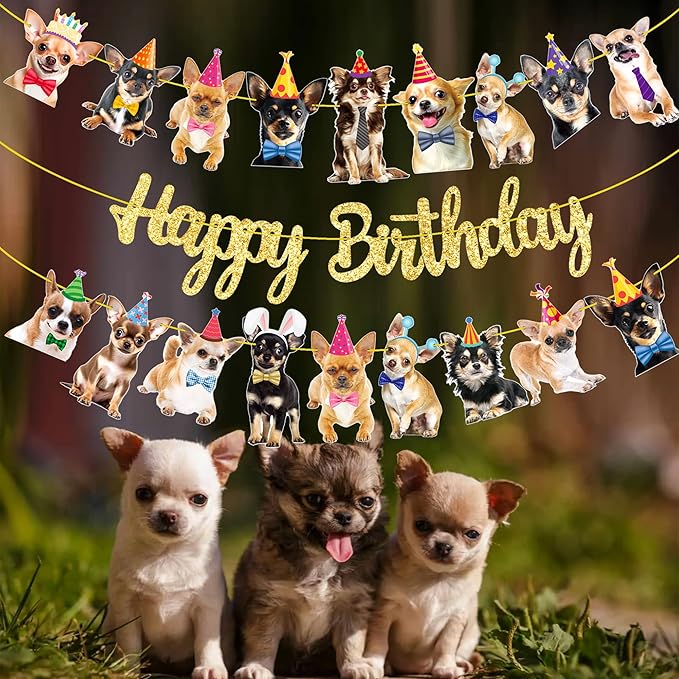 Chihuahua Birthday Party Banners - 3Pcs Dog Themed Decorations for Puppy Dog Party Supplies