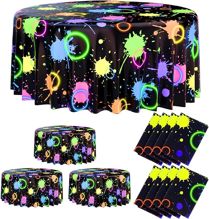 Oudain 12 Pcs Neon Party Table Cloths for Parties 84" Round Disposable Plastic Table Covers for Birthday Baby Shower 80s 90s Party Supplies Decor (Black)