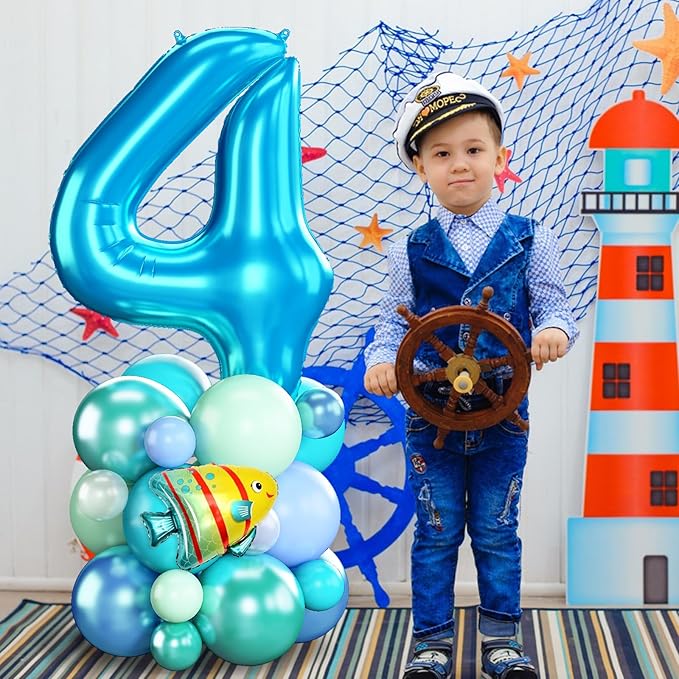 40 Inch Number 4 Balloon Blue Ocean Under the Sea Number Four Foil Balloons Tower with Shark Bubble Fish for Boys 4th Birthday Party Decor Blue Green Underwater Digital Aluminum Balloons Stack