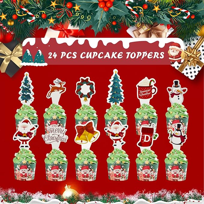 Christmas Cupcake Toppers 24PCS Wrappers Cake Decorations Snowflake Christmas Cake Liner Cake Picks For Birthday Anniversary Wedding Engagement Party Decorations