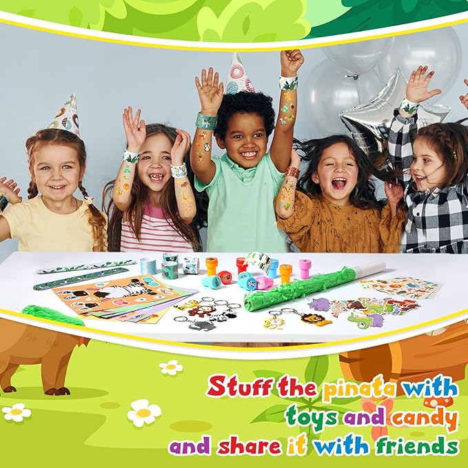 Pasimy 93 Pcs Jungle Safari Party Favors Include Wild One Piñata Stick Blindfold Zoo Animal Stickers Forest Slap Bracelets Stampers Keychains for Jungle Safari Birthday Party Supplies