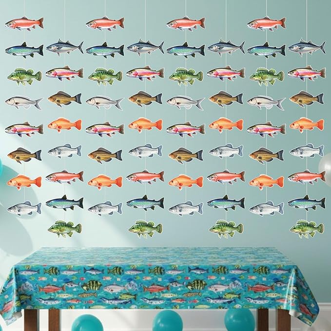 Pasimy 8 Pcs Fish Party Decoration Banner Fishing Garland Fisherman Birthday Party Photo Booth Fishing Supplies for Fisherman Competition Tournament Retirement Barbecue