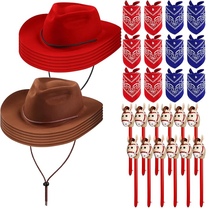 Xtinmee 36 Pcs Cowboy Party Costume Set, Cowboy Hats Paisley Bandanas Inflatable Stick Horses Kids Party Supplies