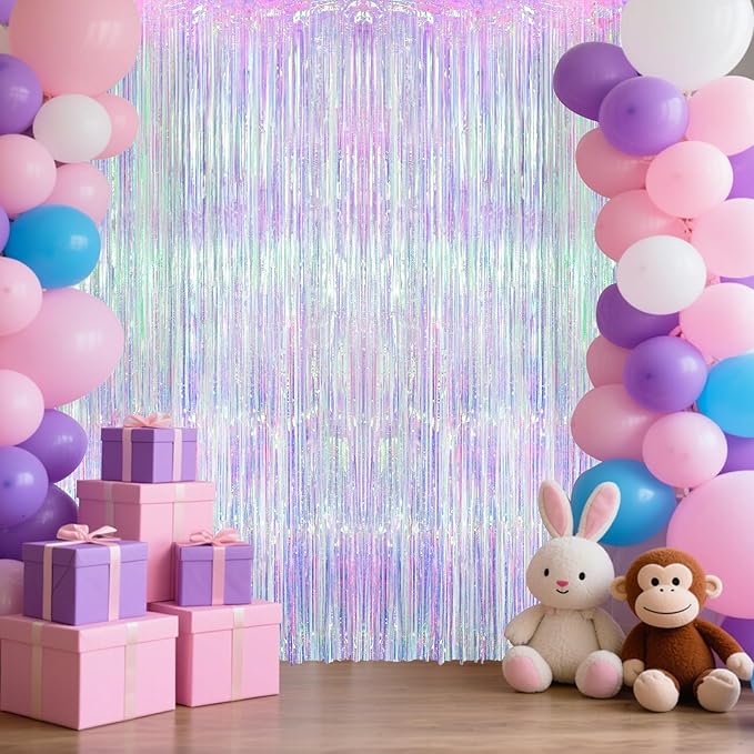 2 Pack Iridescent Party Backdrop Decorations,3.3x8.3ft Tinsel Curtain Birthday Decorations Foil Fringe Photo Booth Streamer Backdrop Iridescent Theme Xmas Bachelorette Graduation Party Decorations