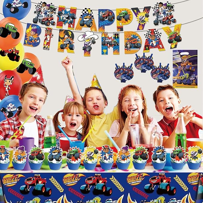 133 Pcs Monster Truck Birthday Party Supplies,Included Banner,Gift Bag,Party Blowers,Tablecloth,Cake Topper,Cupcake Toppers,Plates,Balloon,Racing Car Tableware Set for Boy Truck Party Decorations