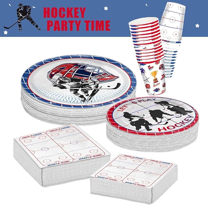 104 PCS Hockey Party Table Supplies Kit Serve 26, Includes Dinner Plates, Dessert Plates, Napkins, Cups for Ice Hockey Birthday Party Sport Events Decorations Favors