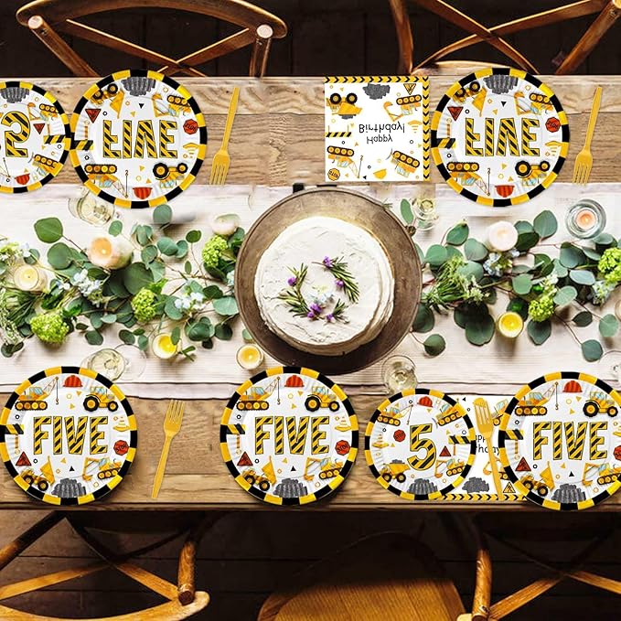 Letromp Construction 5th Birthday Decorations Construction Five Years Old Disposable Paper Dinner Plates Napkins Forks Dinnerware for Dump Truck Theme Fifth Birthday Party Supplies Decorations