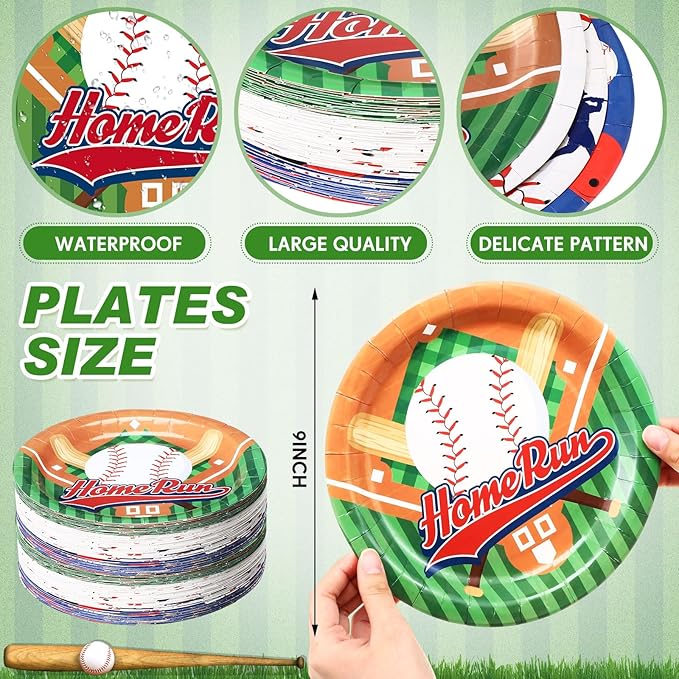 60 Pcs Baseball Paper Plates Party Supplies 9 Inch Baseball Themed Birthday Party Decorations Disposable Plates for Kids Boys Adults Game Day Birthday Favors