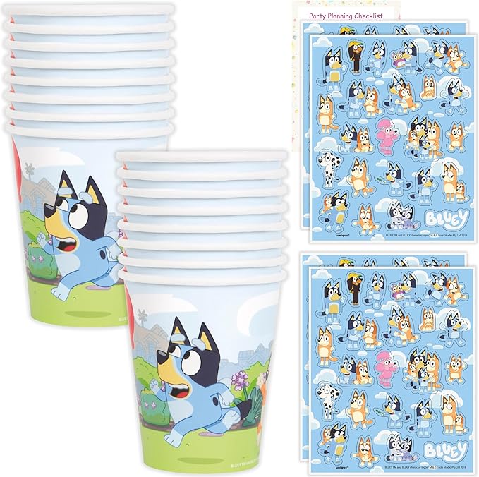 Unique Bluey Cups with Stickers | 16 Paper Cups, 4 Sticker Sheets, Checklist | Bluey Birthday Decorations | Party Supplies for Boys and Girls | Officially Licensed