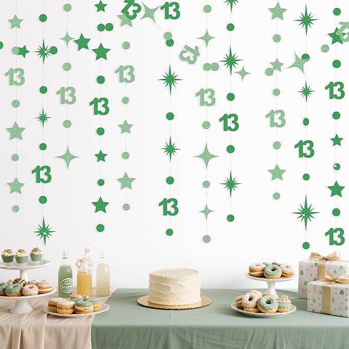 Green 13th Birthday Decorations Number 13 Circle Dot Star Garland Glitter Streamer Banner Backdrop for Girls Boys Official Teenager Cheers to 13 Years Old Birthday 13th Anniversary Party Supplies
