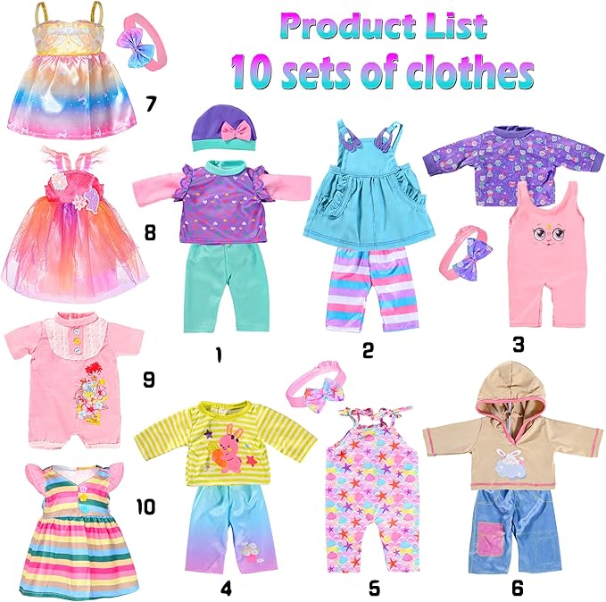 iBayda 10 Sets Doll Clothes and Accessories Include Rompers, Outfits for 14-17 Inch (35-43cm) New Born Baby Dolls (Doll Not Included)