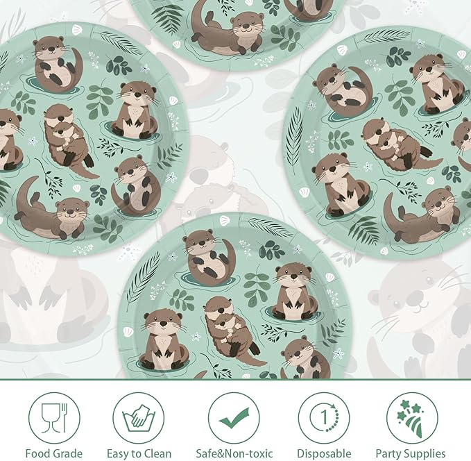 50Pcs Otter Party Supplies 7" Sea Otters Paper Plates Disposable Sea and River Little Otter Platter for Kids Birthday Baby Shower Ocean Animal Theme Party Favors