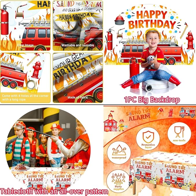 Fire Truck Birthday Party Decorations Kit – Firefighter Party Supplies with Happy Birthday Backdrop, Table Cover, Cake Toppers and Foil & Colorful Balloons for Kids Rescue Theme Party