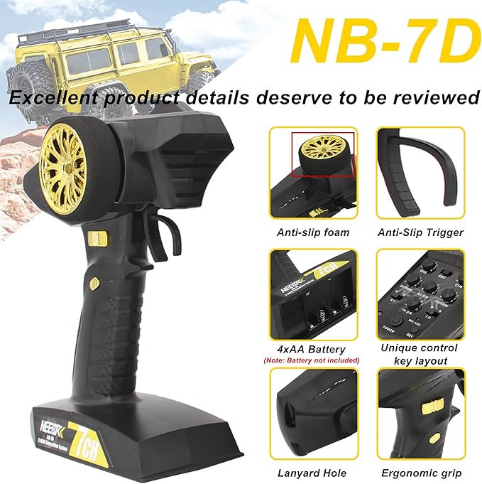 7 Channels RC Transmitter with Receiver Built-in Light Control System and 12LED Light Set, 2.4GHz Radio Remote Controller for RC Car Crawler Truck Buggy Off Road On Road Boat Tank(Golden)
