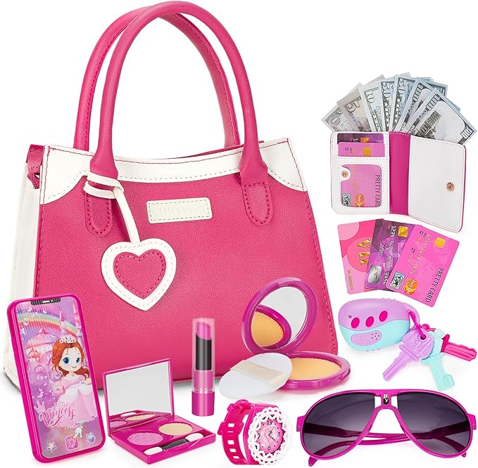 Officygnet Play Purse for Little Girl, Pretend Princess Play Girls Toys for 3 4 5 6 7 8 Year Old, Toddler Purse with Accessories, Kids Toy Purse Birthday for Girls Ages 3-5 4-5 6-8