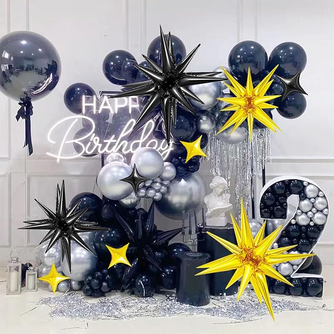 20 Pcs Star Balloons Explosion Star Foil Balloons- 12 Point Star Balloons,27”22”Spike Balloons and Four Pointed Star Balloos for Party Supplies Christmas Birthday Wedding Photo Booth (Gold Black)