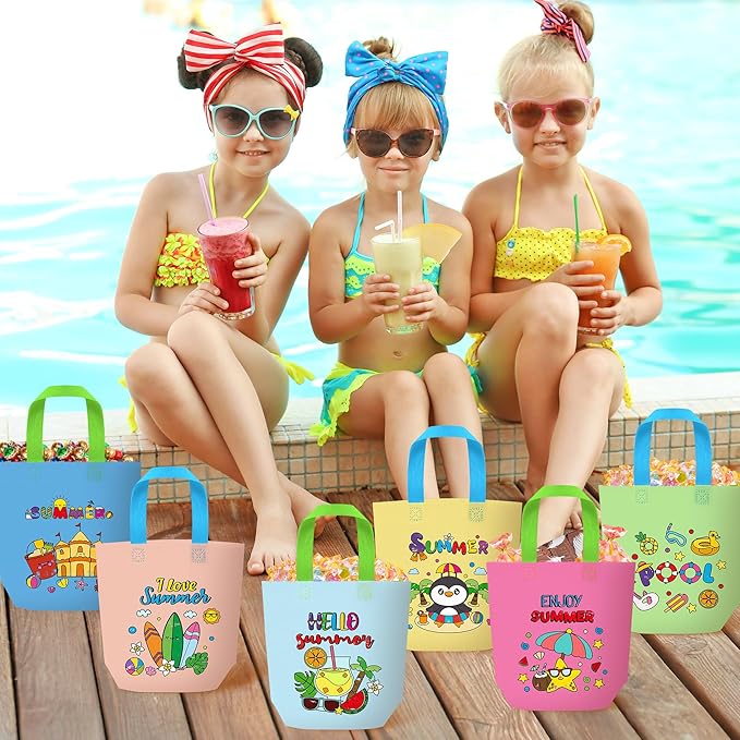 Summer Coloring Goodie Bags for Kids - 24Pcs Hello Summer Beach Bulk Color Your Own Gift Bags with Handle Pool Theme Reusable Coloring Bag Non Woven Tote Bag for DIY Crafts Painting Party Favors