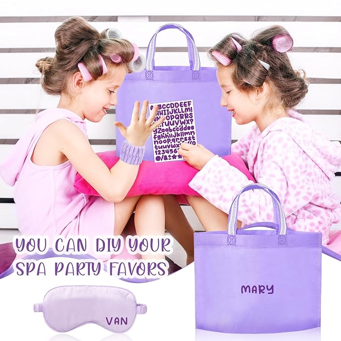 72 Pcs Spa Sleepover Party Supplies for Girls With DIY Stickers And Greeting Card Purple Headband Wristbands Eye Mask Hair Scrunchie Tote Bag Sleeping Slumber Party Favors