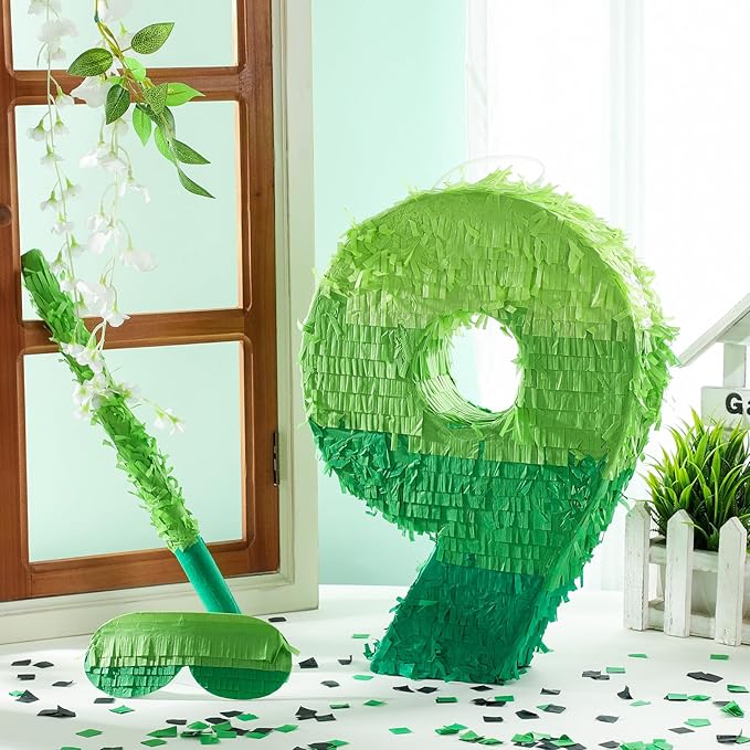 Number Piñata Decorations 16 Inch Gradient Green Piñata with Blindfold Stick and Confetti for Birthday Baby Shower Safari Jungle Themed Party Supplies Centerpiece(Number 9)
