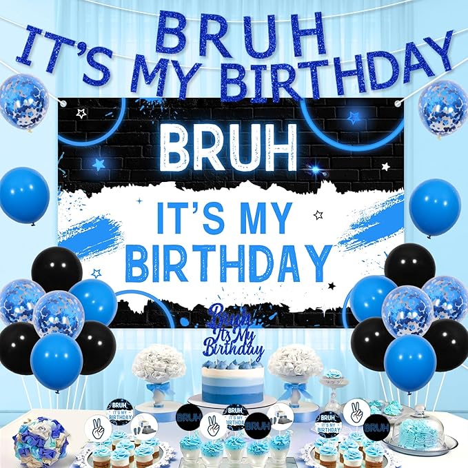 JOYMEMO Bruh It’s My Birthday Decorations Kit For Boy - Happy Birthday Bro Backdrop Banner, Bruh Cake topper and cupcake toppers, Blue and Black Teen Boy Birthday Party Supplies