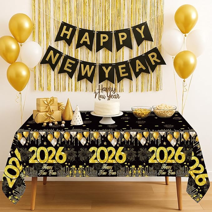 Staraise 3PCS New Years Tablecloths, Black and Gold Plastic Tablecloth Happy New Year Table Decorations Disposable Rectangular PE Table Cover for New Year's Eve Party Supplies 2026, 51.2X 86.6inch