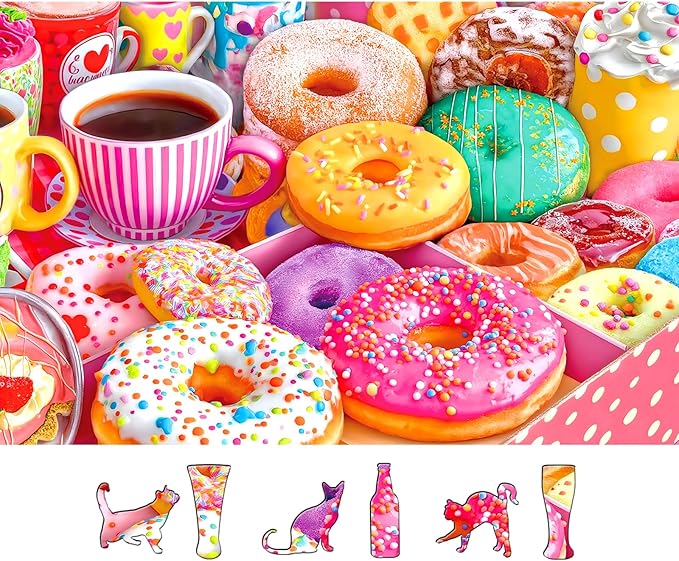 Puzzle for Adults 500 Piece Colorful Cute Donuts & Coffee Jigsaw Puzzle Fun Sweet Treats Family Challenge Puzzle for Seniors (23"x15")