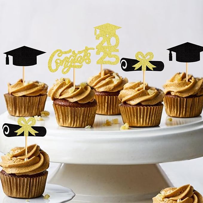 24Pcs 2025 Grad Cap Graduation Cupcake Toppers,Congrats Graduate Graduate Cap Food/Appetizer Picks For Graduation Party Mini Cake Decorations Black Gold Glitter