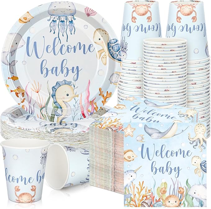 Hushee 200 Pcs Under the Sea Baby Shower Paper Plates Napkins Cups Baby Shower Party Supplies Tableware Set Disposable Cup Napkin for 50 Guest Party Decoration