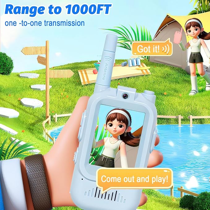 Video Walkie Talkies for Kids - 2 Pack with Real-Time Video & Voice Chat, Fun Voice Changer & Video Effects, Rechargeable, Long Range (500ft), Ideal for Indoor & Outdoor Play(Ages 3-12) (2 Blue)