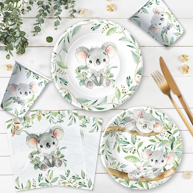 APOWBLS Koala Birthday Party Supplies - Safari Jungle Animal Australian Koala Theme Baby Shower Birthday Decorations Tableware, Paper Plates, Napkins, Tablecloth, Forks | Serves 24